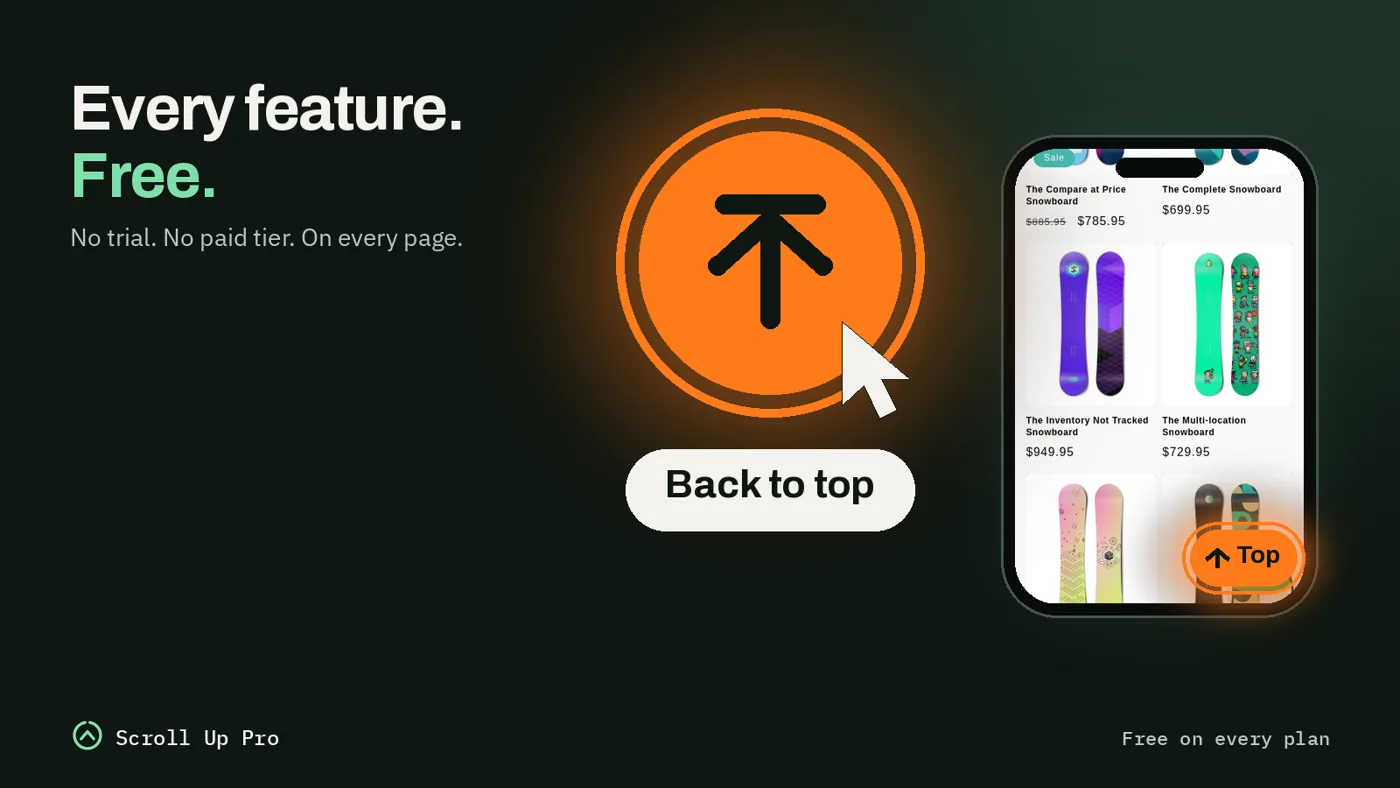 Scroll Up Pro back to top button on a Shopify storefront, shown on a phone