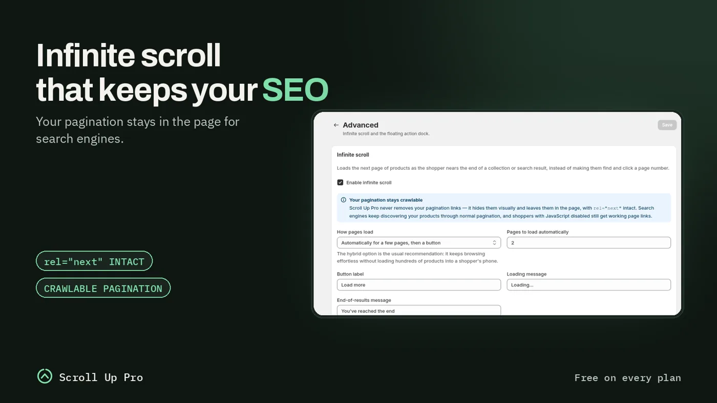 SEO-safe infinite scroll and load more on a Shopify collection page
