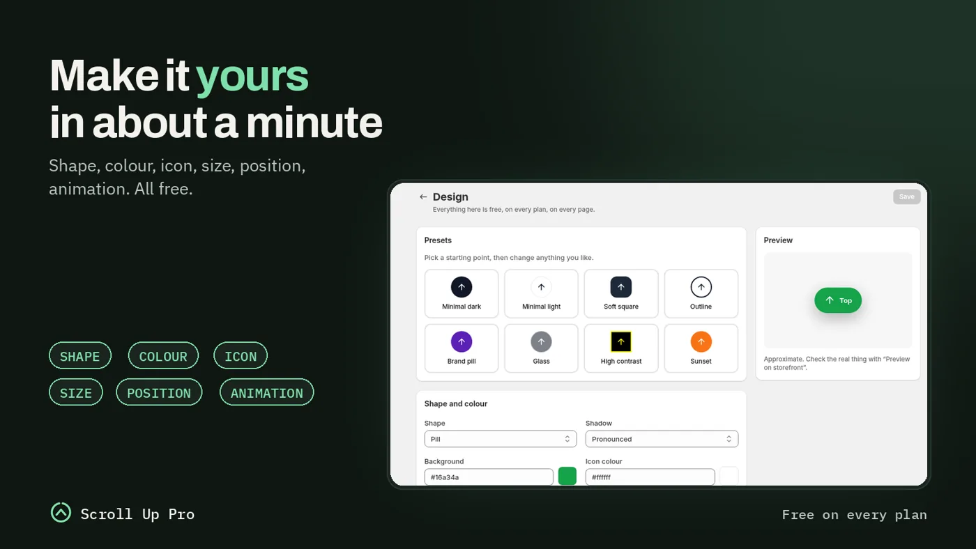 Customisation settings in the Scroll Up Pro admin
